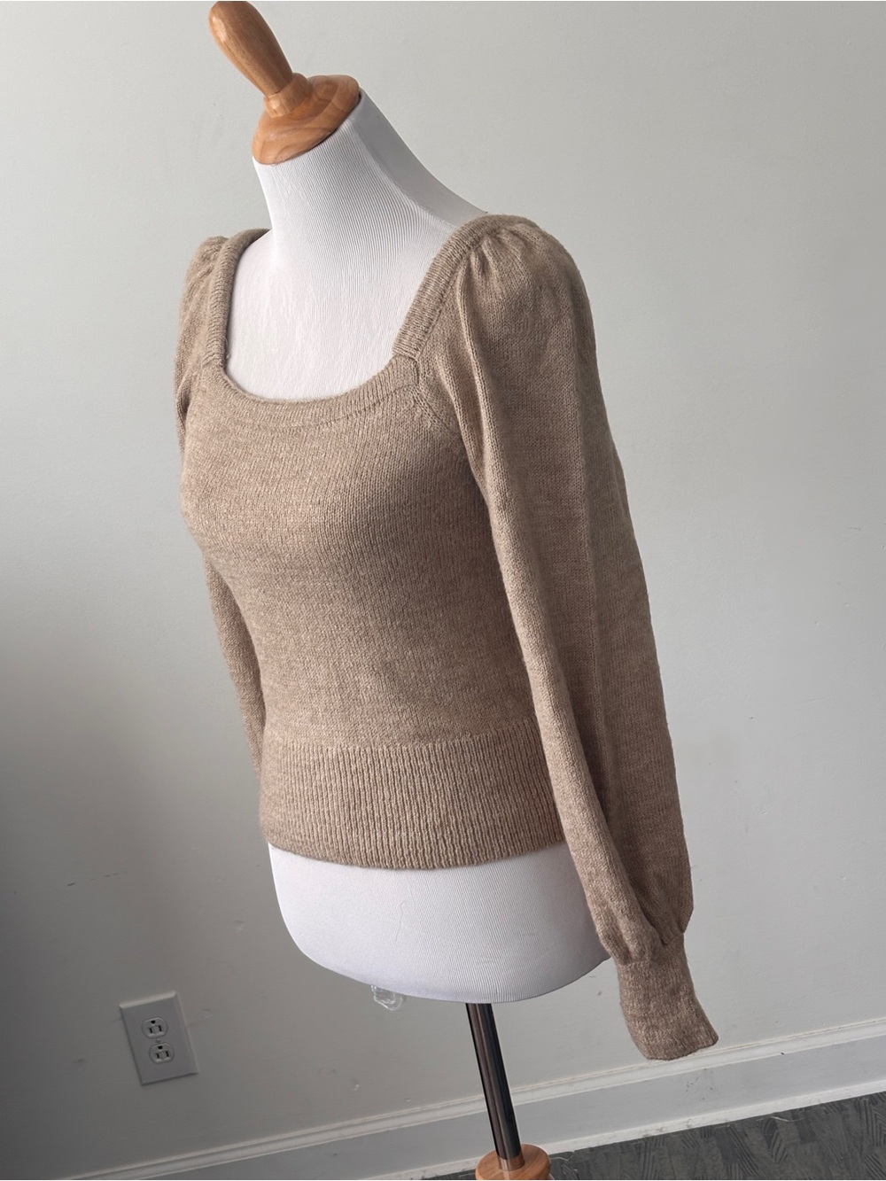 Anthropologie Square Neck Puff Sleeve Sweater - Beige